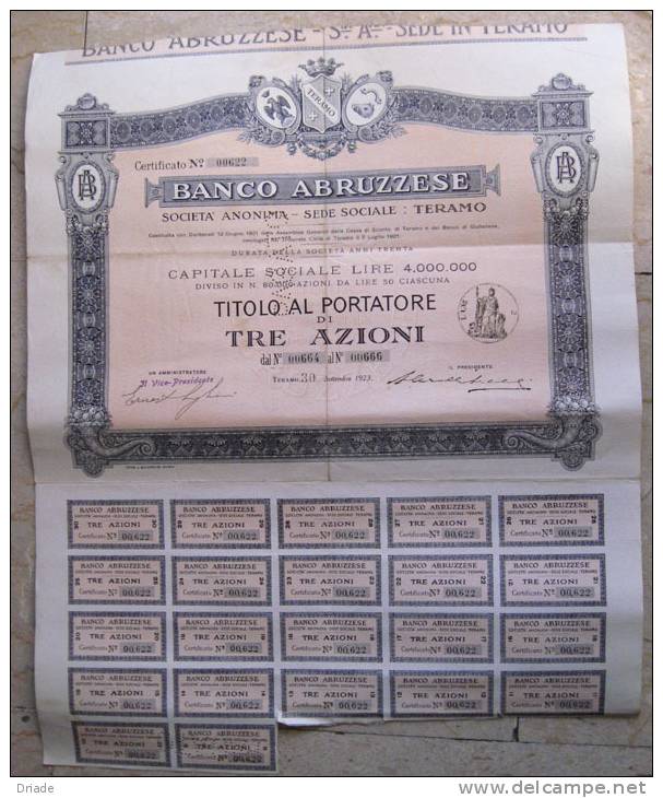 TITOLO AL PORTATORE DI 3 AZIONI BANCO ABRUZZESE TERAMO  ANNO 1923 - Banca & Assicurazione