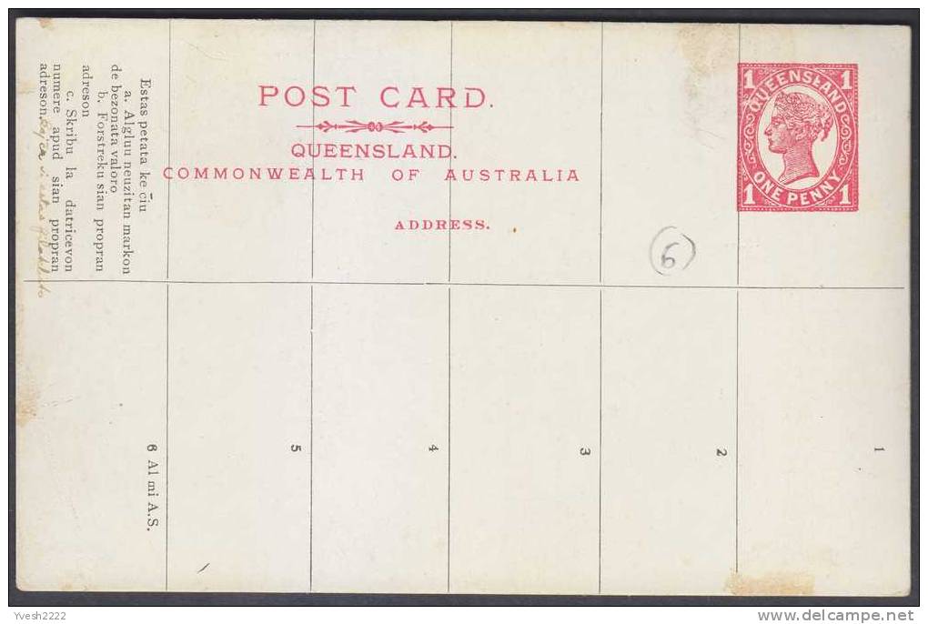 Queensland. 1898. Entier Postal Séparé En Cases, Texte Au Verso En Esperanto. Essai ?? Texte Et Cases Imprimées - Storia Postale