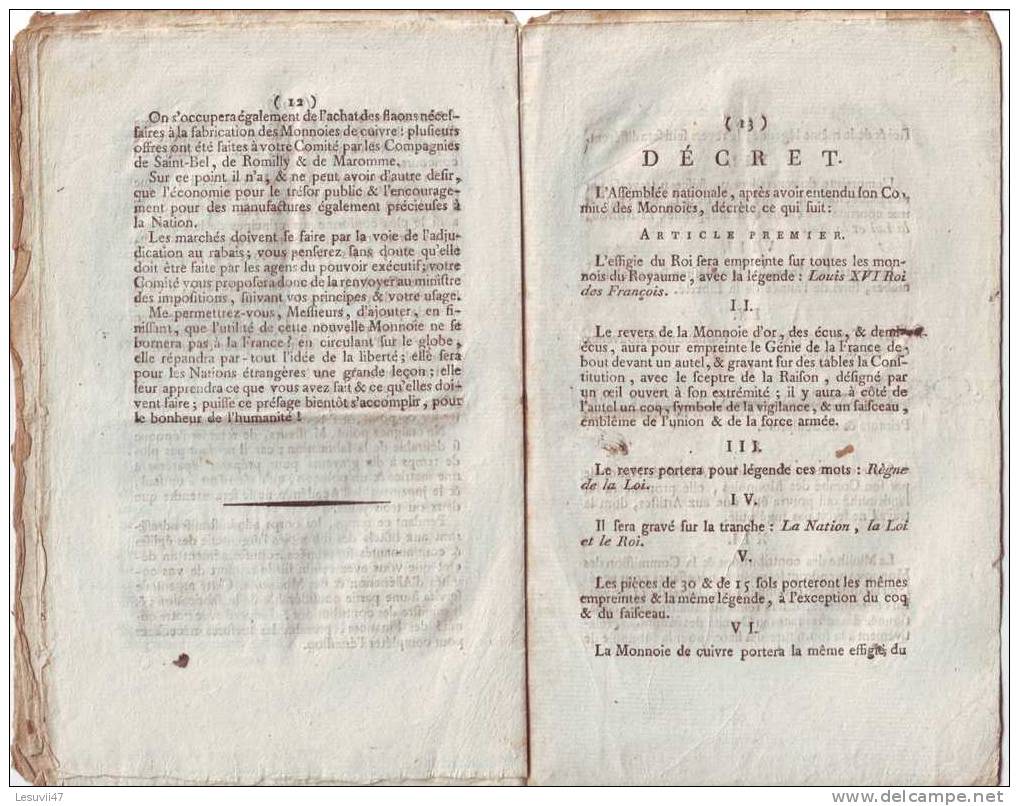 Décret sur l´empreinte et la légende que doivent porter " Les Monnoies de France ", 9 Avril 1791.