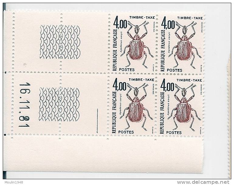 Bloc De 4  YT 108  4,00 Fr  Insectes  Timbe-taxe Coin Daté  Du   16-11-81 - Taxe