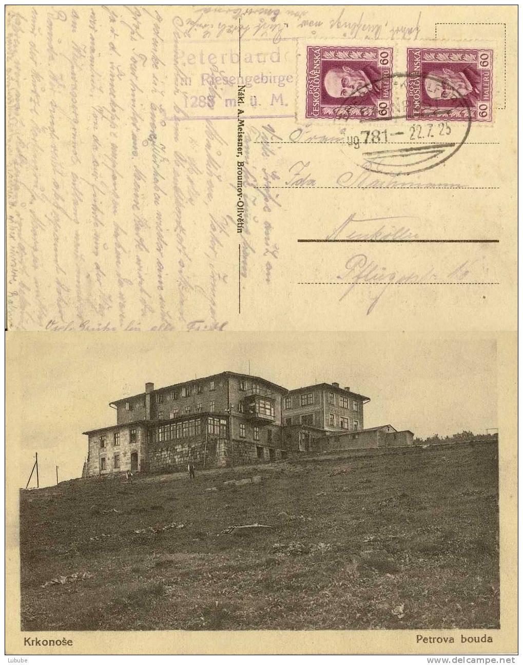 AK  Krkonose (Petrova Bouda)  Mit Bahnstempel      1925 - Lettres & Documents
