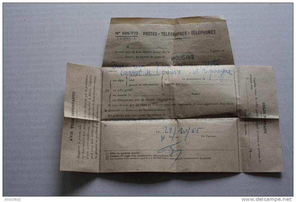 TELEGRAMME N° 505-773 SERVICE DES POSTES TELEGRAPHE TELEPHONE  MOUGINS 06 AM LE 29-10-1955 > 18H - Télégraphes Et Téléphones