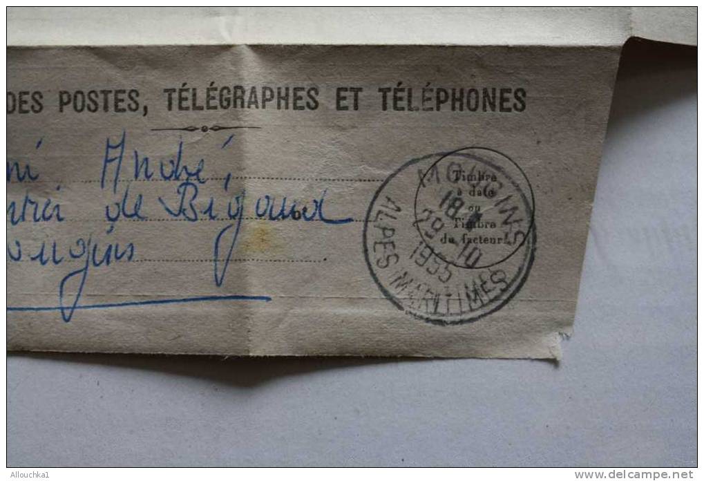 TELEGRAMME N° 505-773 SERVICE DES POSTES TELEGRAPHE TELEPHONE  MOUGINS 06 AM LE 29-10-1955 > 18H - Telegraph And Telephone