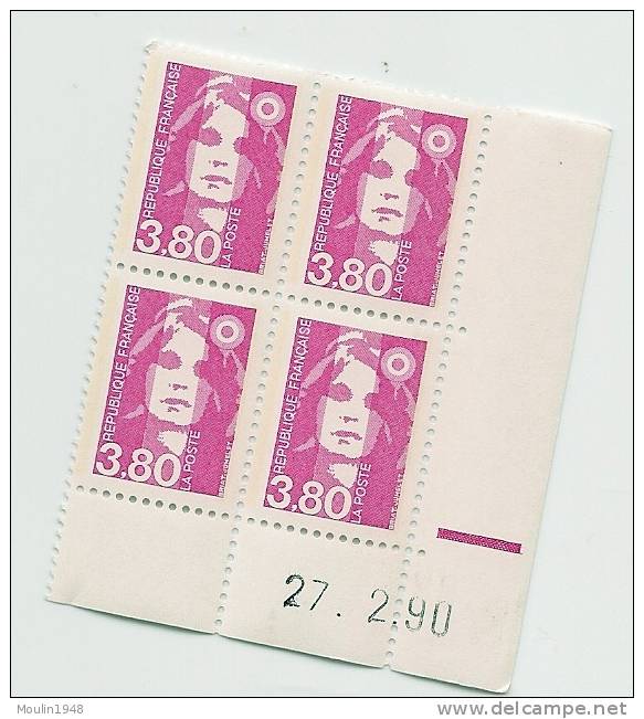 Bloc De 4  YT  2624 Marianne Bicentenaire 3f80 Rose Coin Daté  Du  27-2-90 - 1990-1999