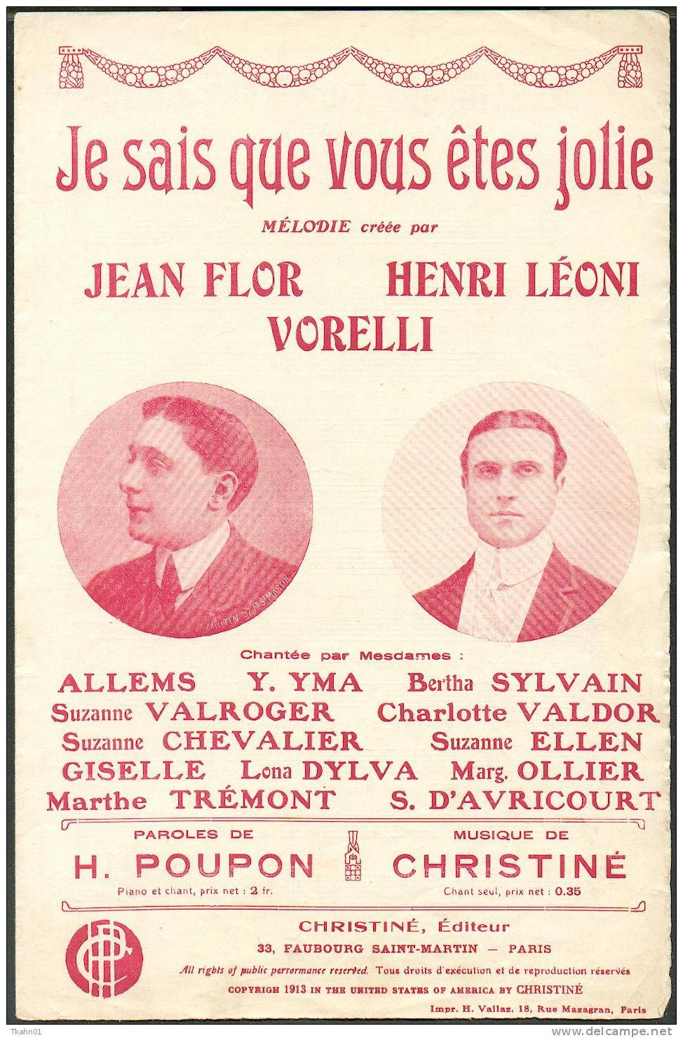 JE SAIS QUE VOUS ETES JOLIE  " MELODIE CREEE PAR JEAN FLOR HENRI LEONI ET VORELLI  " 1913  ?? - Chansonniers
