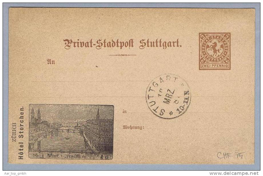 Privatpost Stuttgart 1887-03-16 Ganzsache Mit Hotel Storchen-Werbung - Postes Privées & Locales