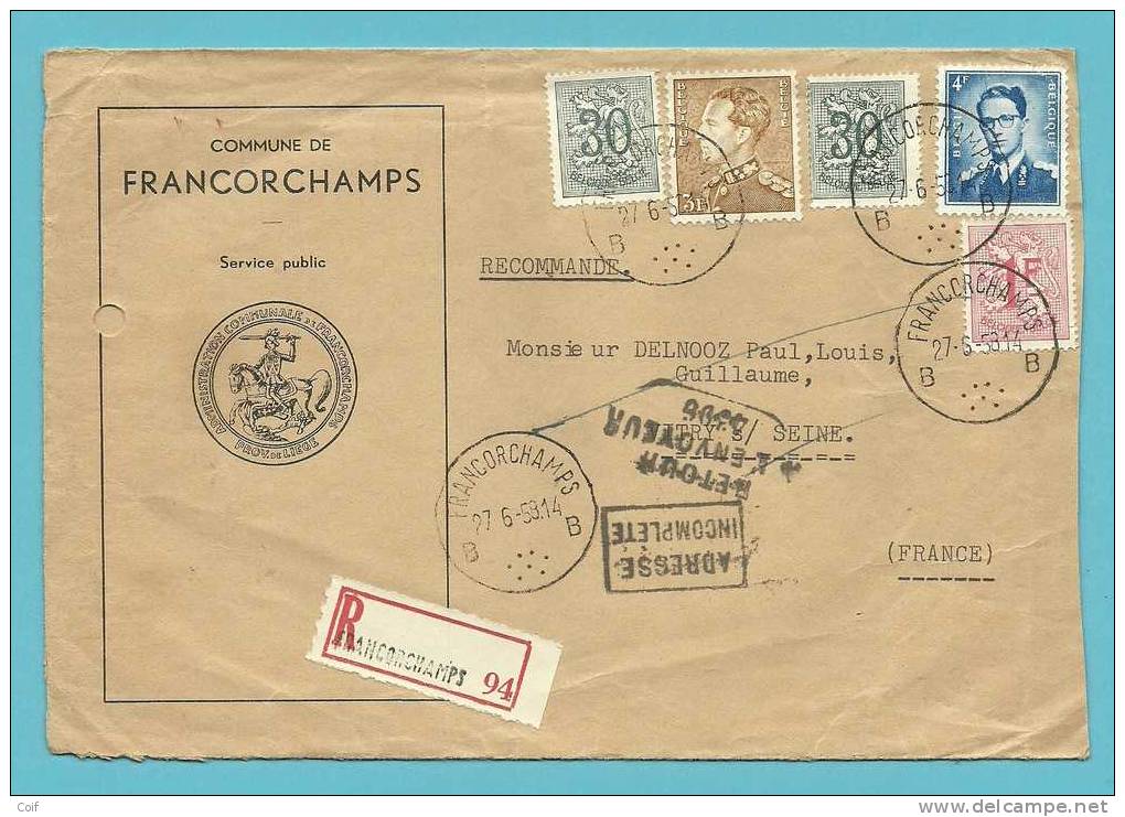 847+859+926+1027 Op Brief "Adm. Commune" Aangetekend Met Stempel FRANCORCHAMPS Naar France, Stempel RETOUR - 1936-51 Poortman
