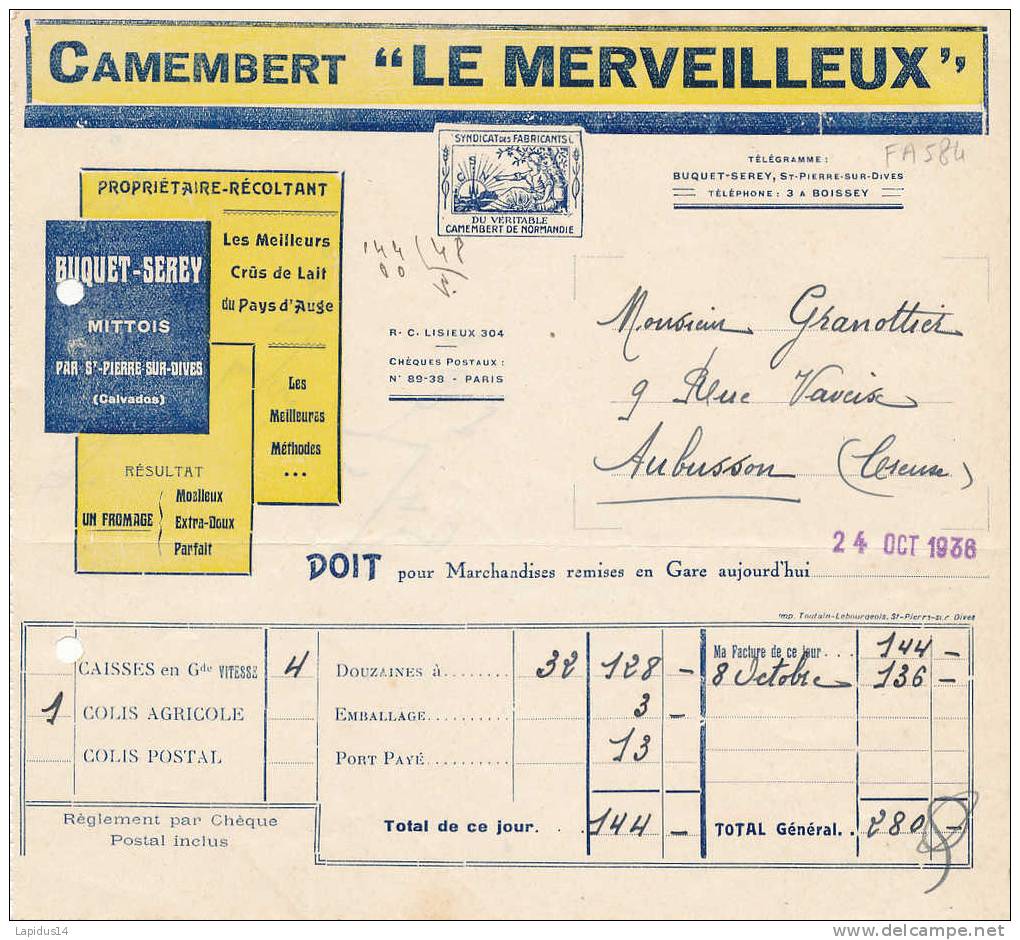 FA 584 /FACTURE ANCIENNE  CAMEMBERT LE MERVEILLEUX  BUQUET SEREY  A MITTOIS  CALVADOS - Facturas