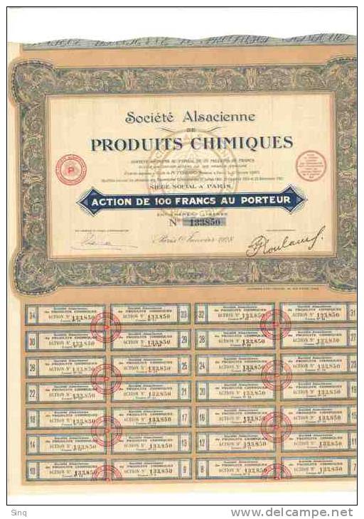 Société Alsacienne De Produits Chimiques - Action De 100 Francs Janvier 1928 - Industrie