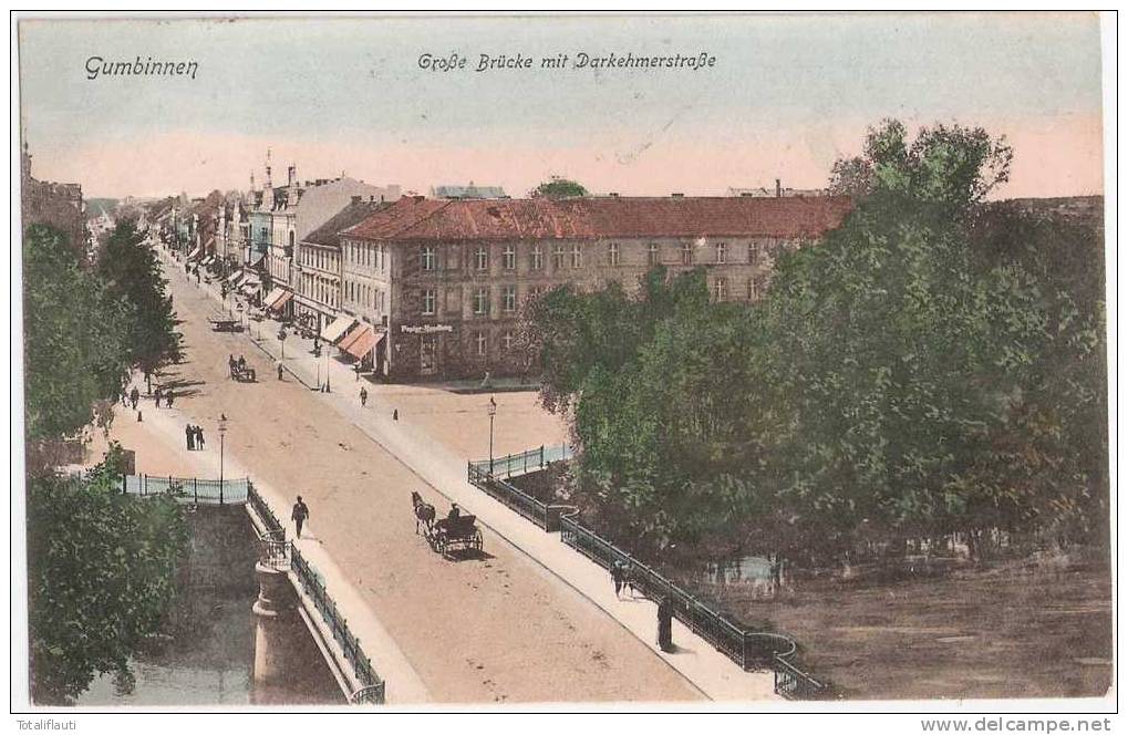 Gumbinnen Große Brücke Darkehmer Straße Papier Handlung Color Gussew 29.5.1907 Gelaufen TOP-Erhaltung - Ostpreussen