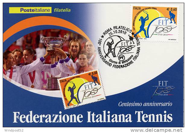 ITALIA CARTOLINA FILATELICA 2010 CENTESIMO ANNIVERSARIO FEDERAZIONE ITALIANA TENNIS 67 - Maximum Cards