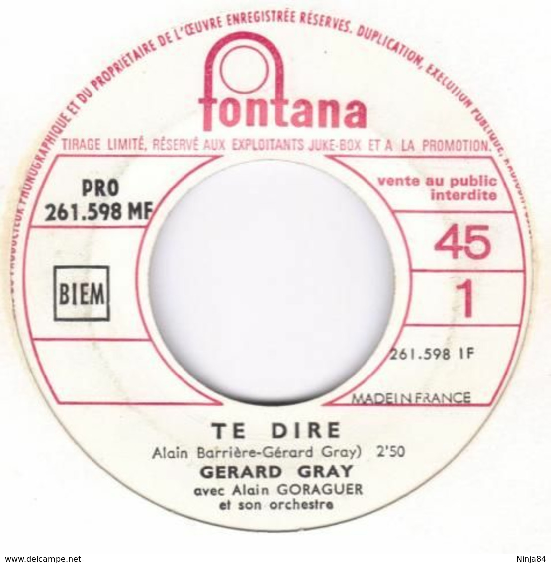 SP 45 RPM (7")   Gérard Gray / Alain Barrière " Te Dire "  Juke-box Promo - Ediciones De Colección