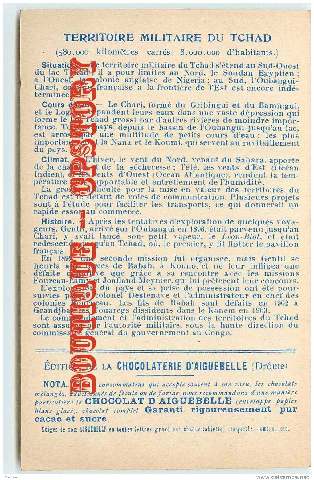 TCHAD - BEDONGA - CARTE GEOGRAPHIQUE Et DESCRIPTIF Du PAYS - Chocolaterie Et Chocolat D´Aiguebelle - Dos Scané - Tchad