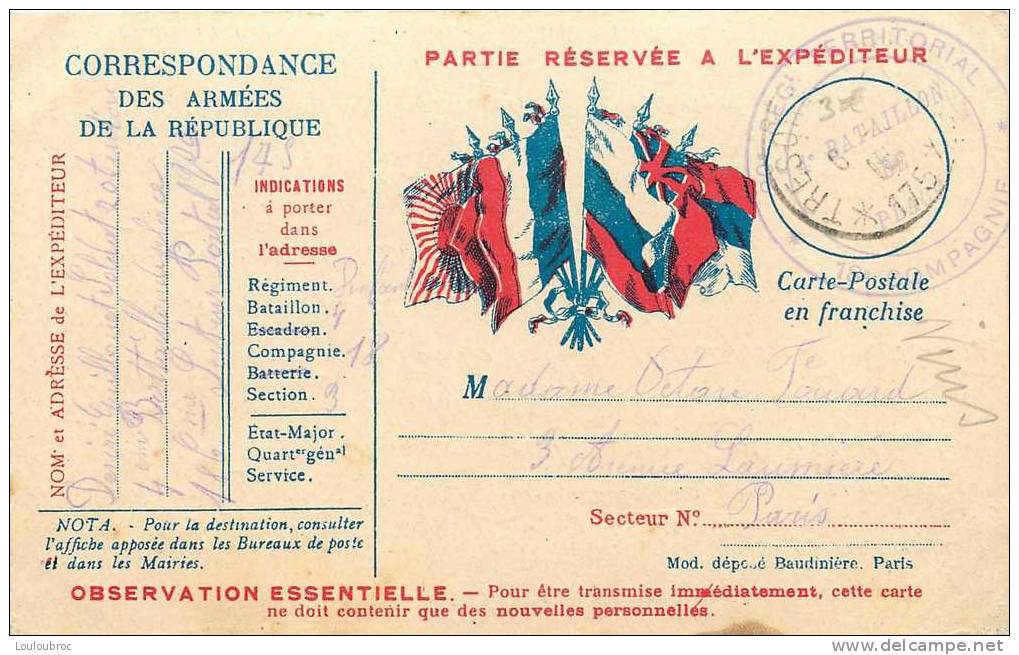 CORRESPONDANCE DES ARMEES DE LA REPUBLIQUE CARTE EN FRANCHISE 09/1915 - Lettres & Documents