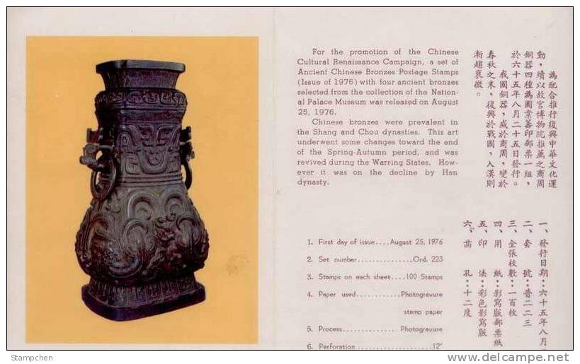 Folder 1976 Ancient Chinese Art Treasures Stamps - Bronze Wine Archeology - Wines & Alcohols