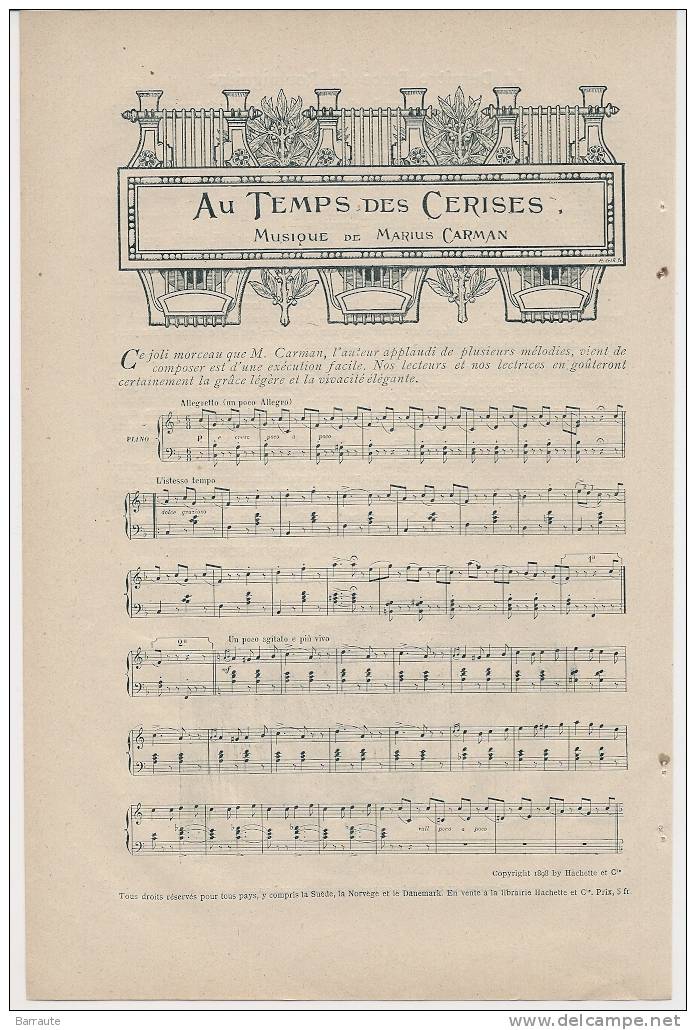 PARTITION DE 1900 Au Temps Des CERISES De Marius CARMAN . E/O Publiée Dans Une Revue Populaire - Partitions Musicales Anciennes