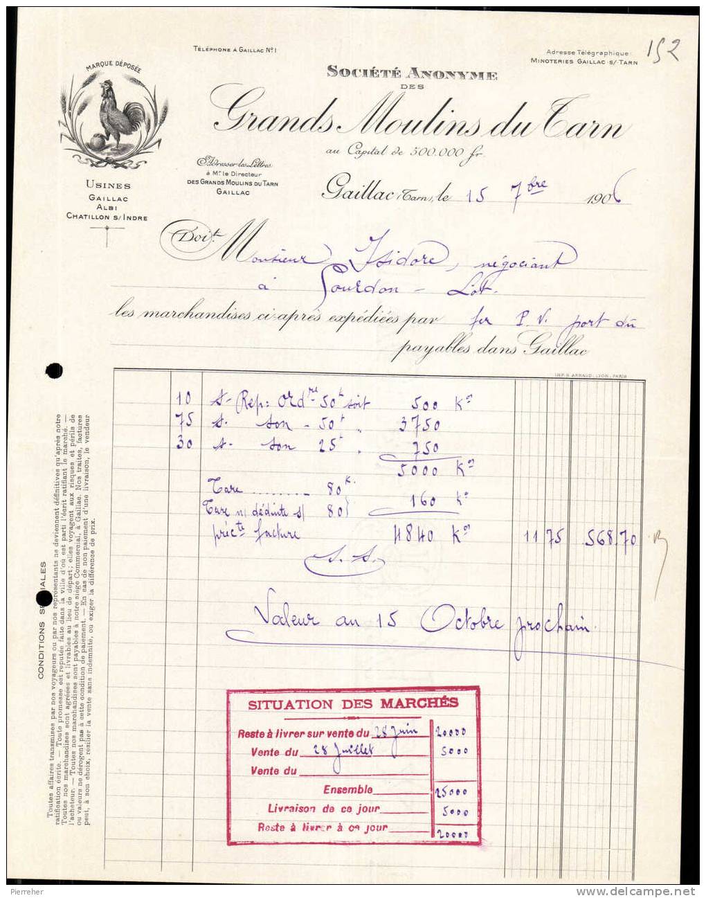 LES GRANDS MOULINS DU TARN - GAILLAC TARN - FACTURE DATEE 1906 - POULE CHICKEN - Landwirtschaft