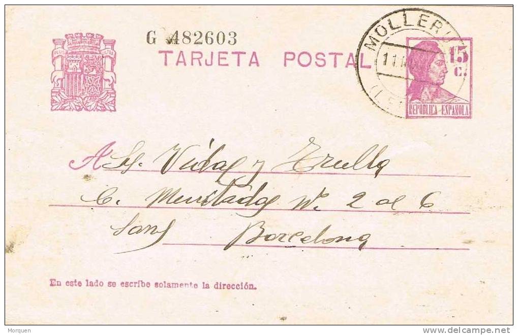 Entero Postal MOLLERUSA (Lerida) 1932. Republica - 1931-....