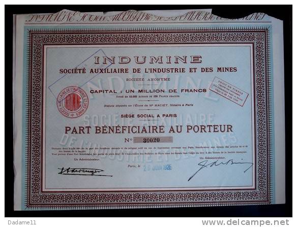 Part Bénéficiaire Au Porteur Indumine 100Francs - Mines