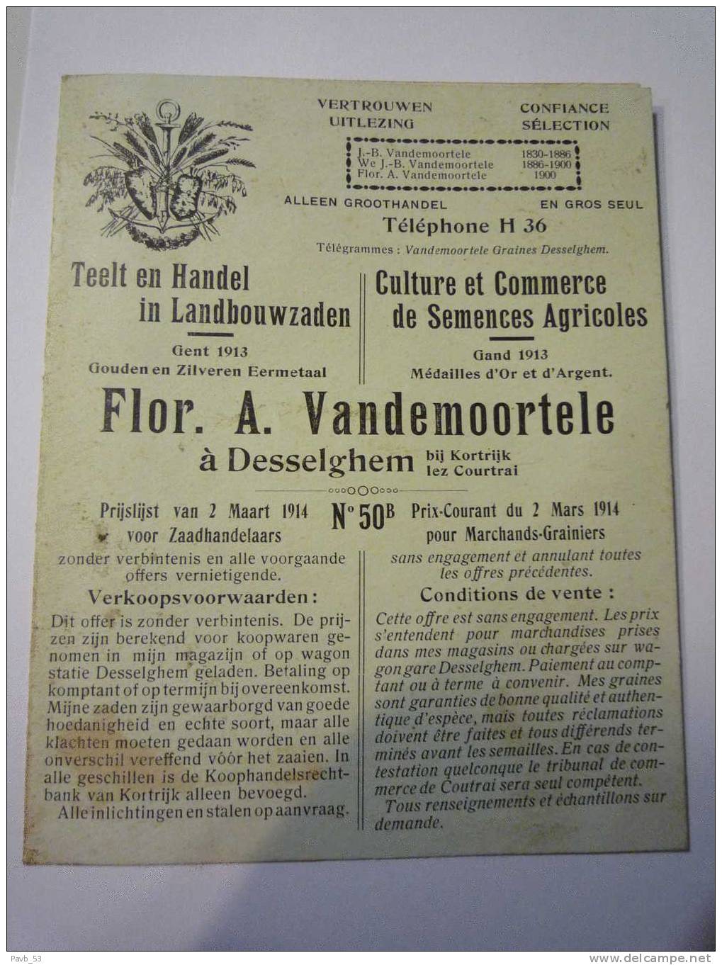 Desselgem : Bij Kortrijk  Carte Publicitaire  Florent Vandemoortele Landbouwzaden 1914 - Waregem