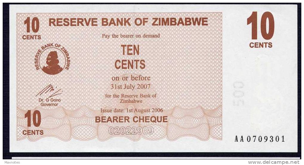 ZIMBABWE :  10  Cents - Bearer Cheque - 2006 - UNC - Zimbabwe