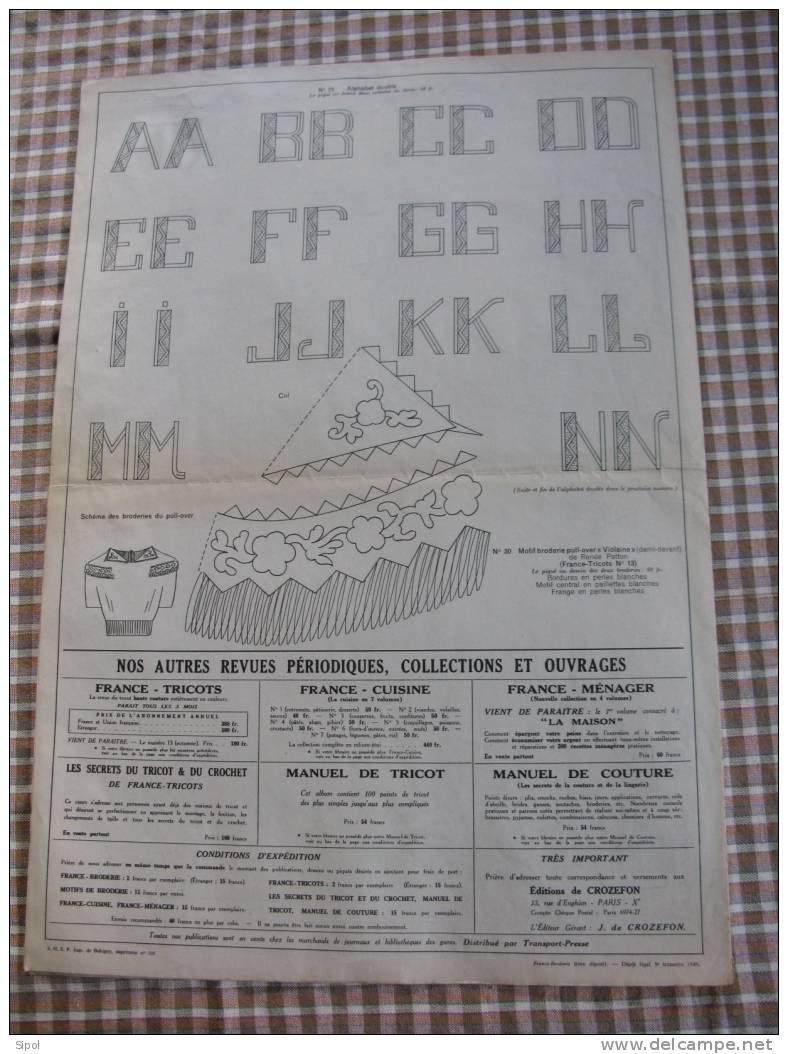 Revue : France Broderie  Du 1er Septembre 1949 Feuille De 94 X 65  Cm Env Pliée En 4 - Sonstige & Ohne Zuordnung