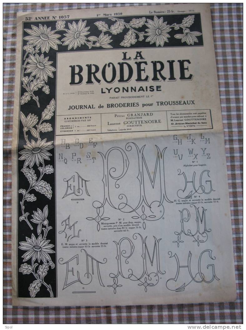 Revue :La Broderie  Lyonnaise Du 1er Mars 1950 N°1057 Feuille De 94 X 65  Cm Env Pliée En 4 - Sonstige & Ohne Zuordnung