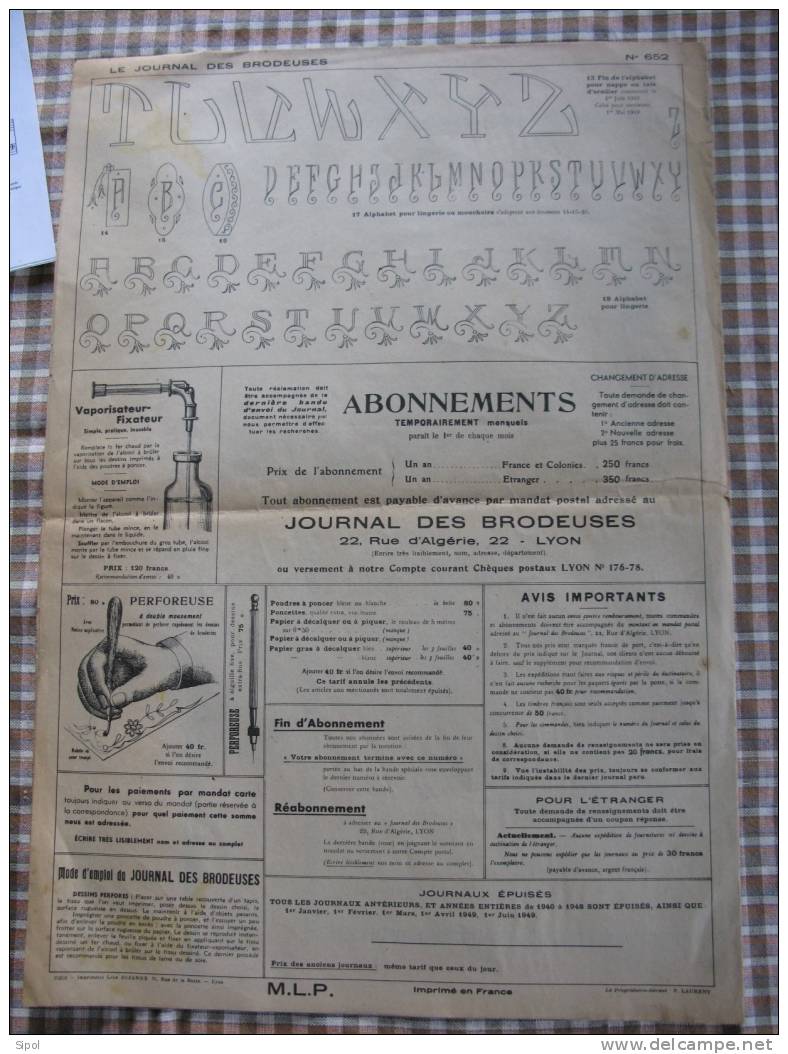 Revue :Le Journal Des Brodeuses 1er Juillet 1949  N°652 Feuille De 94 X 65  Cm Env Pliée En 4 - Sonstige & Ohne Zuordnung