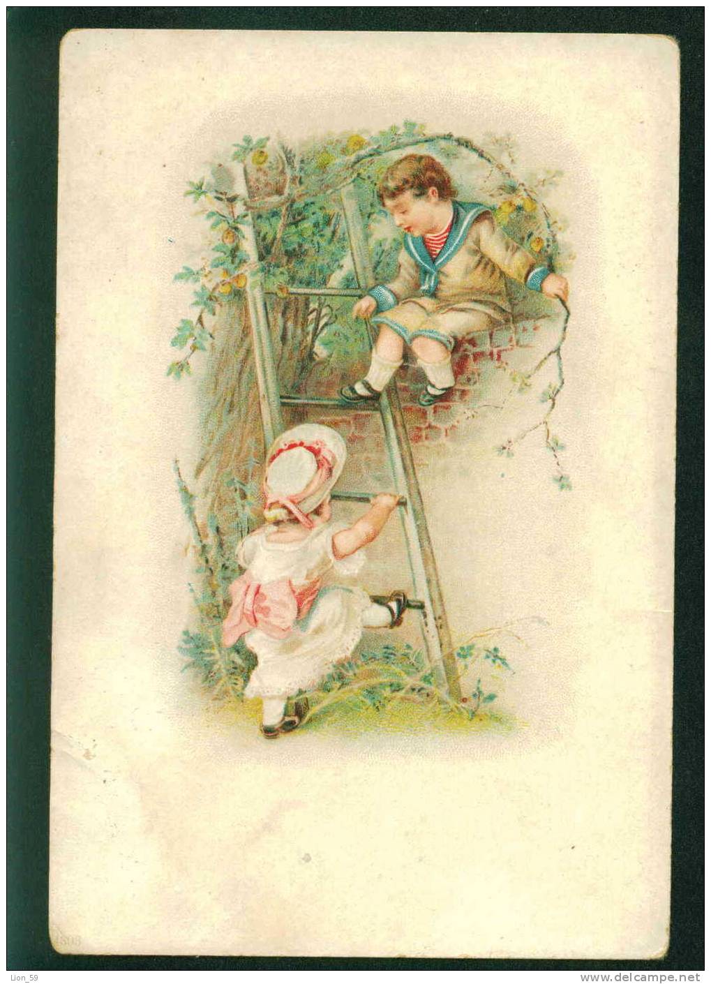 31053 Greeting LITTLE GIRL BOY Step-ladder Litho 1900s Pc Series - # 4303 - Before 1900