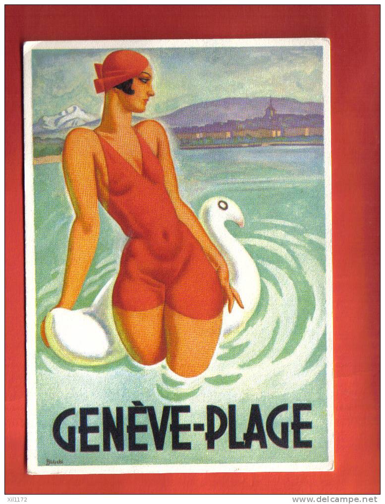 AF083 Repro Affiche De Bauchi : Genève Plage,Baigneuse Avec Cygne.Non Circulé. Atar Sans Numéro. - Genève