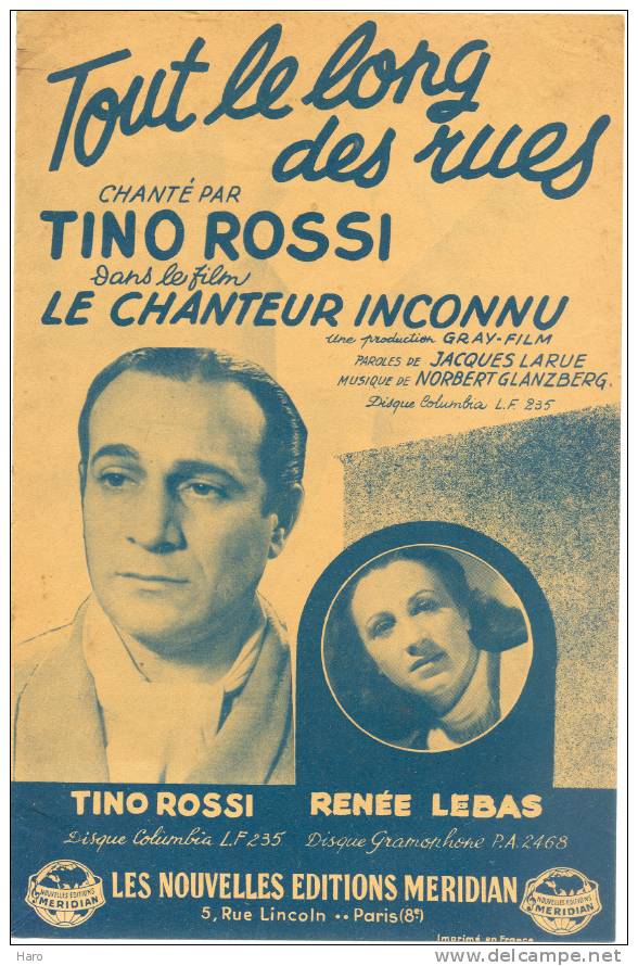 Partition - Tino ROSSI  " Tout Le Long Des Rues" - Chansonniers