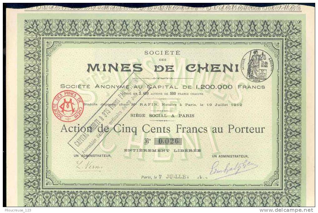 Action SOCIETE DES MINES DE CHENI (Haute Vienne 87) Avec Feuille De Coupons - A - C