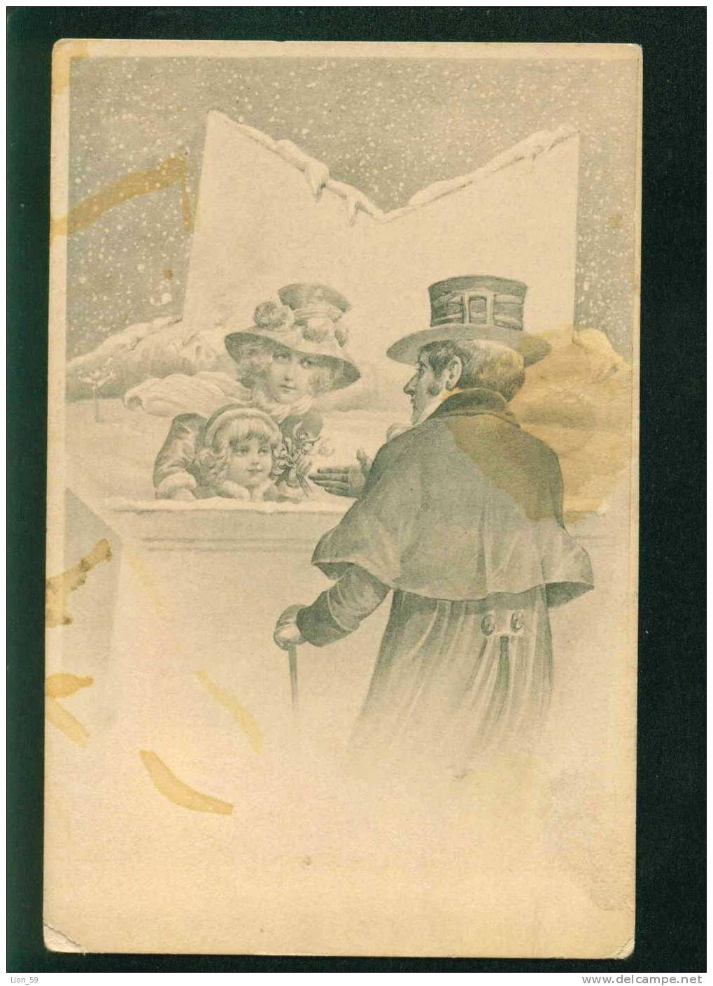 31103 Illustrator ?? WINTER MOTHER W GIRL With MAN HAT Art 1900s Pc Series - # 2193 - Ante 1900