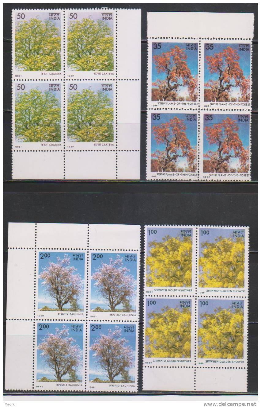 India 1981 MNH, Block Of 4,  Set Fof 4,  Indian Flowering Trees,  Flowers, - Blocks & Sheetlets