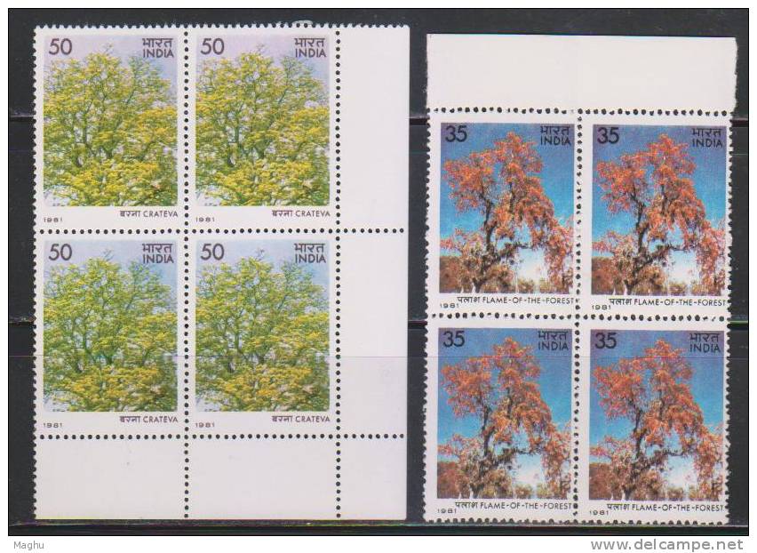 India 1981 MNH, Block Of 4,  Set Fof 4,  Indian Flowering Trees,  Flowers, - Blocks & Sheetlets