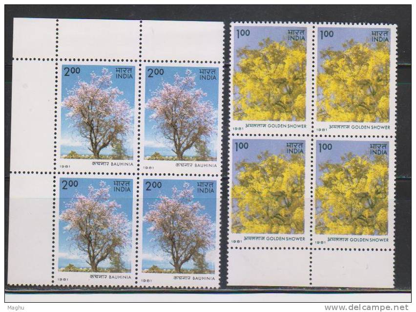 India 1981 MNH, Block Of 4,  Set Fof 4,  Indian Flowering Trees,  Flowers, - Blocks & Sheetlets