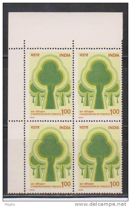 India  1981 MNH, Block Of 4, Environmental Conservation, Tree, Environment , Conservation Of Forest, Nature, - Blocks & Kleinbögen