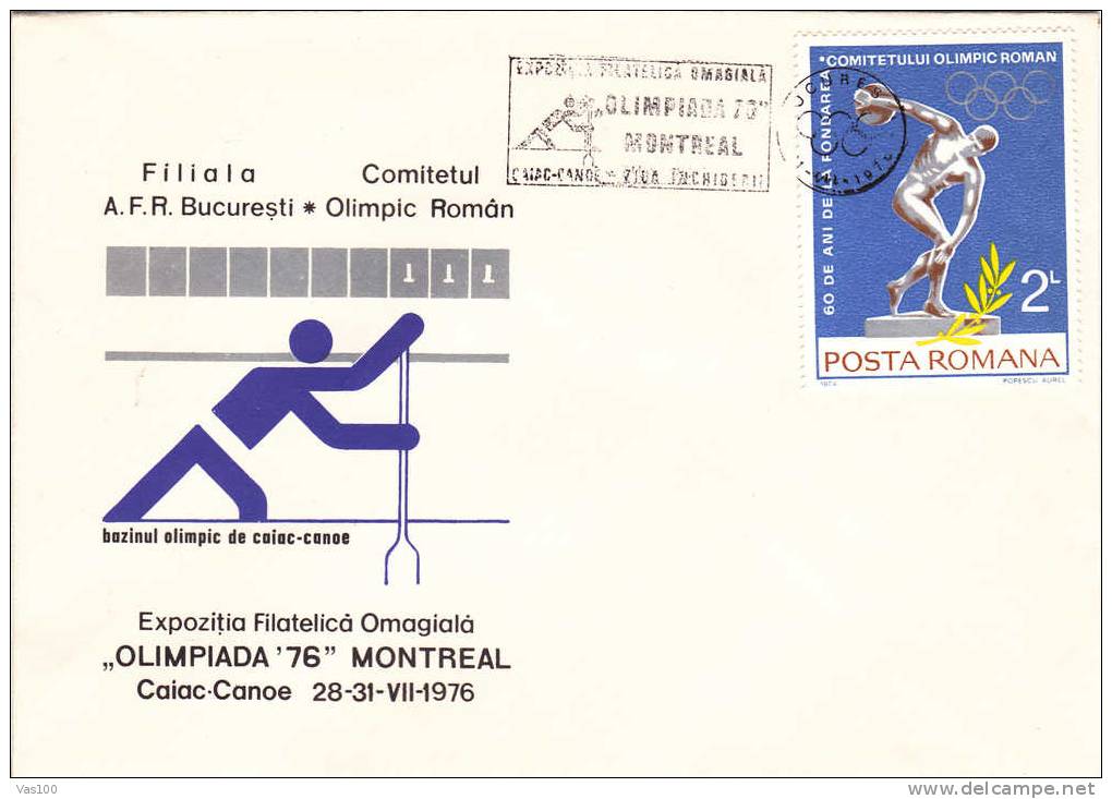 Rowing,Canoë,Caiak, Olympic Games Montreal 1976 Special Cover Obliteration Concordante Bucharest - Romania. - Canoa