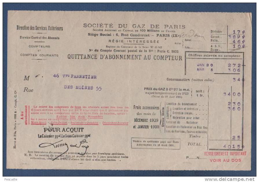 SOCIETE DU GAZ DE PARIS - QUITTANCE D´ABONNEMENT AU COMPTEUR - 1929 1930 - PUBLICITE FOURNEAU A GAZ - Electricité & Gaz