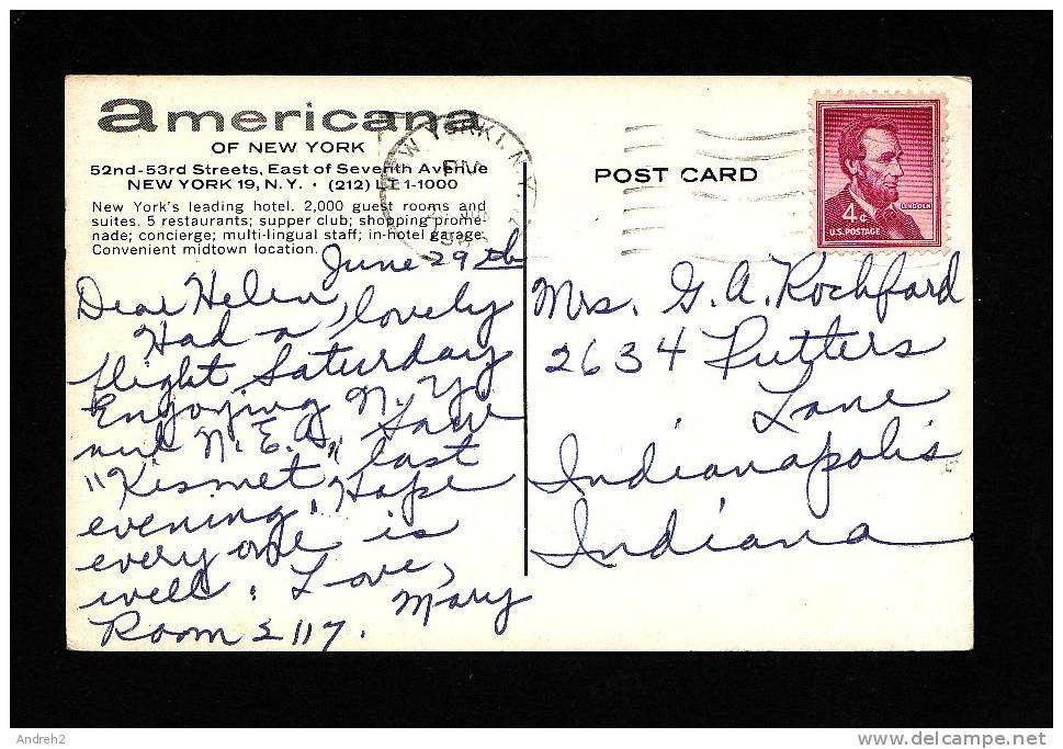 HOTEL -  AMERICANA HOTEL OF NEW YORK - POSTMARKED - Hotels & Restaurants