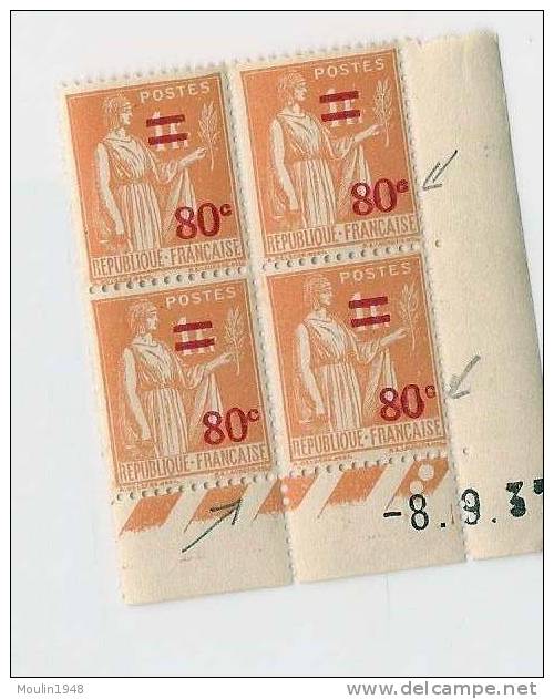 Bloc De 4  YT 259  Type Paix    80c / 1fr Orange      Coin Daté  8-9-37 - 1930-1939