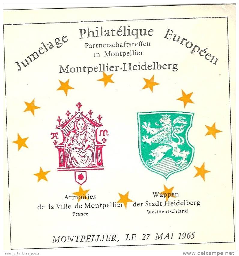 FRANCE DOCUMENT EUROPA 1965 JUMELAGE PHILATELIQUE EUROPEEN MONTPELLIER ET HEIDELBERG - Cartas & Documentos