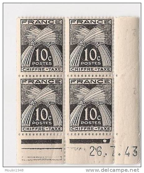 Bloc De 4  YT Taxe  67  Type Gerbes 10c Sepia   Coin Daté  29-7-43 - Taxe