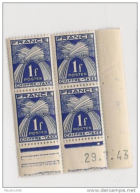 Bloc De 4  YT Taxe  70 Type Gerbes 1 Fr Bleu A   Coin Daté  29-7-43 - Postage Due