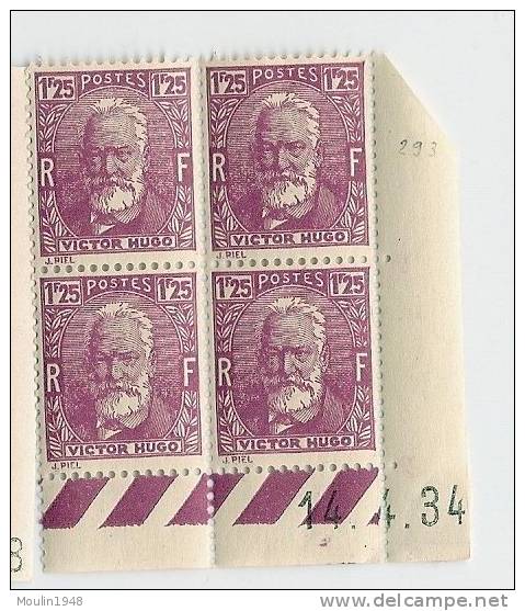 Bloc De 4  YT 293 Victor Hugo   Coin Daté  14-4-34 - Strafport