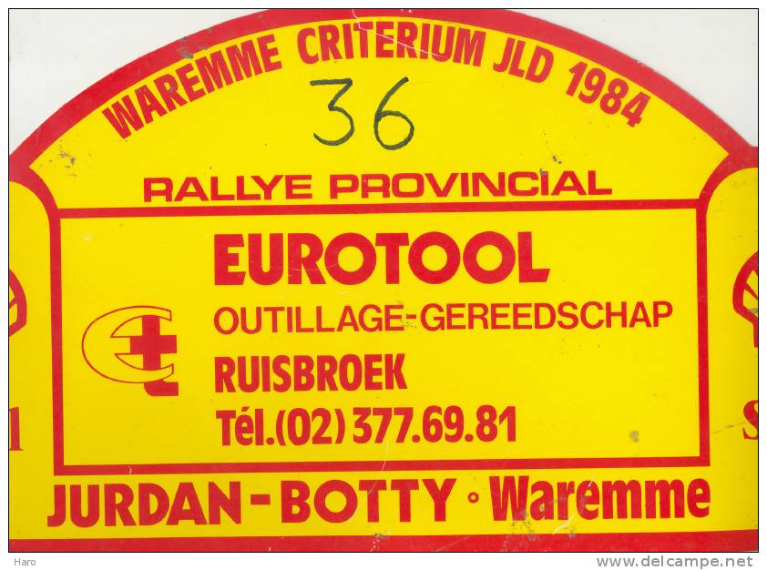 Plaque De Rallye - Waremme 1984 - Sponsor Eurotool Ruisbroek- Automobile - Voiture - Plaques De Rallye