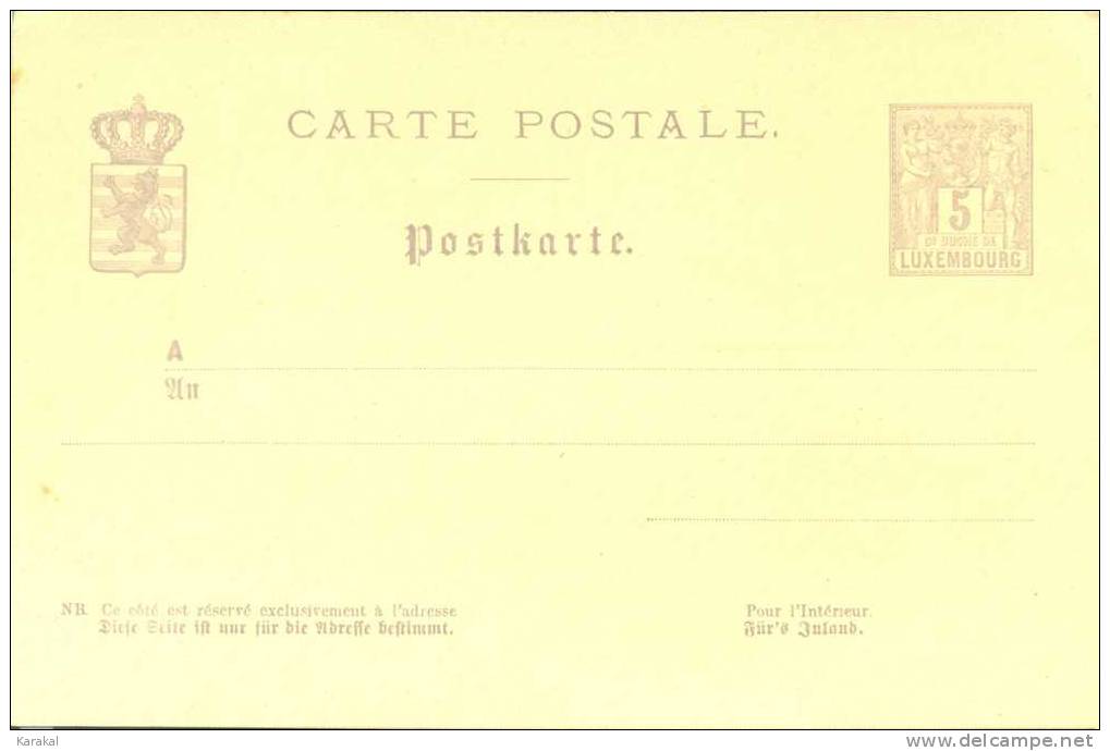 Luxembourg 1882 Entier Postal Carte Postale 5 Centimes 5 Cents MH X - Stamped Stationery