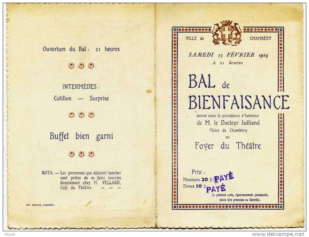 11- 638 - Savoie - CHAMBERY - CARTE D´ INVITATION Au GRAND BAL De BIENFAISANCE-   LE 23 Février 1929 -  RARE - Autres & Non Classés