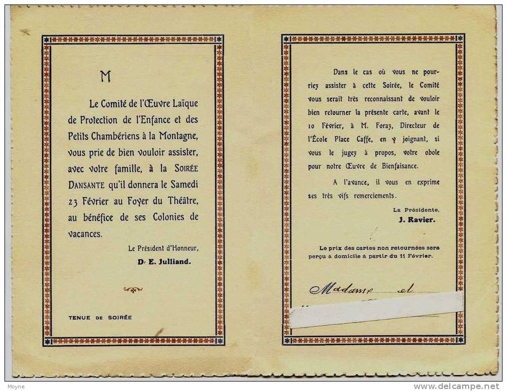 11- 638 - Savoie - CHAMBERY - CARTE D´ INVITATION Au GRAND BAL De BIENFAISANCE-   LE 23 Février 1929 -  RARE - Autres & Non Classés