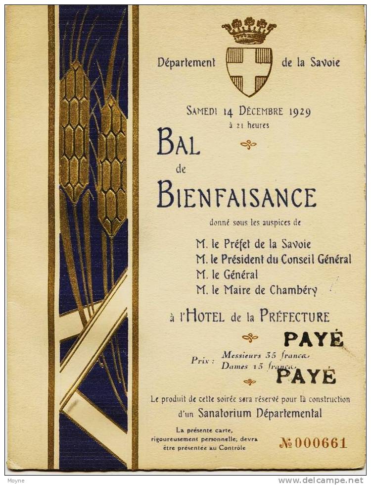 641 - Savoie - CHAMBERY - CARTE D´ INVITATION Au GRAND BAL De BIENFAISANCE-  ART DECO -  LE 14 Décembre 1929 -  RARE - Autres & Non Classés